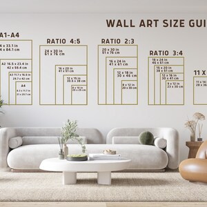 a living room with a wall art size guide