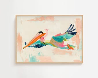 Pelican Flyover Painting | Colorful Pastel Artwork | Watercolor Bird Art | Coastal Summer Wall Decor | Sea Life Printable | Digital Download