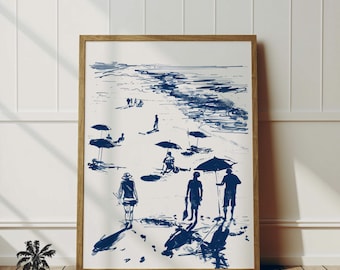 Beach Breeze | Vintage Coastal Art | Beach Lover Gift | Navy Blue Transparent Sketch | Guest Room Beach | Cottage Condo Decor | Trendy Art