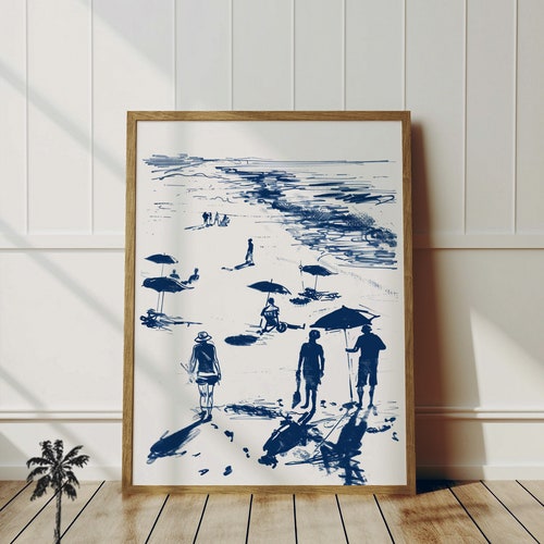Brise de plage | Art côtier vintage | Cadeau pour amoureux de la plage | Croquis transparent bleu marine | Chambre Plage | Décor de condo chalet | Art tendance