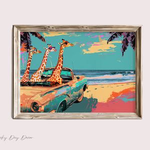 Whimsical Animal Art - Coastal Cool Giraffes Beachside - Giraffes In Convertible Car - Trendy Wall Art - Humorous Wall Art Digital Download