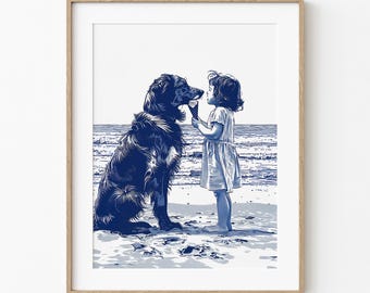 Happy Australian Shepherd Dog Gets Ice Cream | Cute Coastal Dog | Summer Home Art | Blue Sketch | Beach Cottage Decor | Printable Download