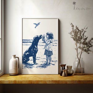 Eistüte für zwei - Vintage Mädchen und Hund - dunkelblaue transparente Skizze - Hundeliebhaber Geschenk - Fun Beach Cottage Condo Dekor - Strandleben