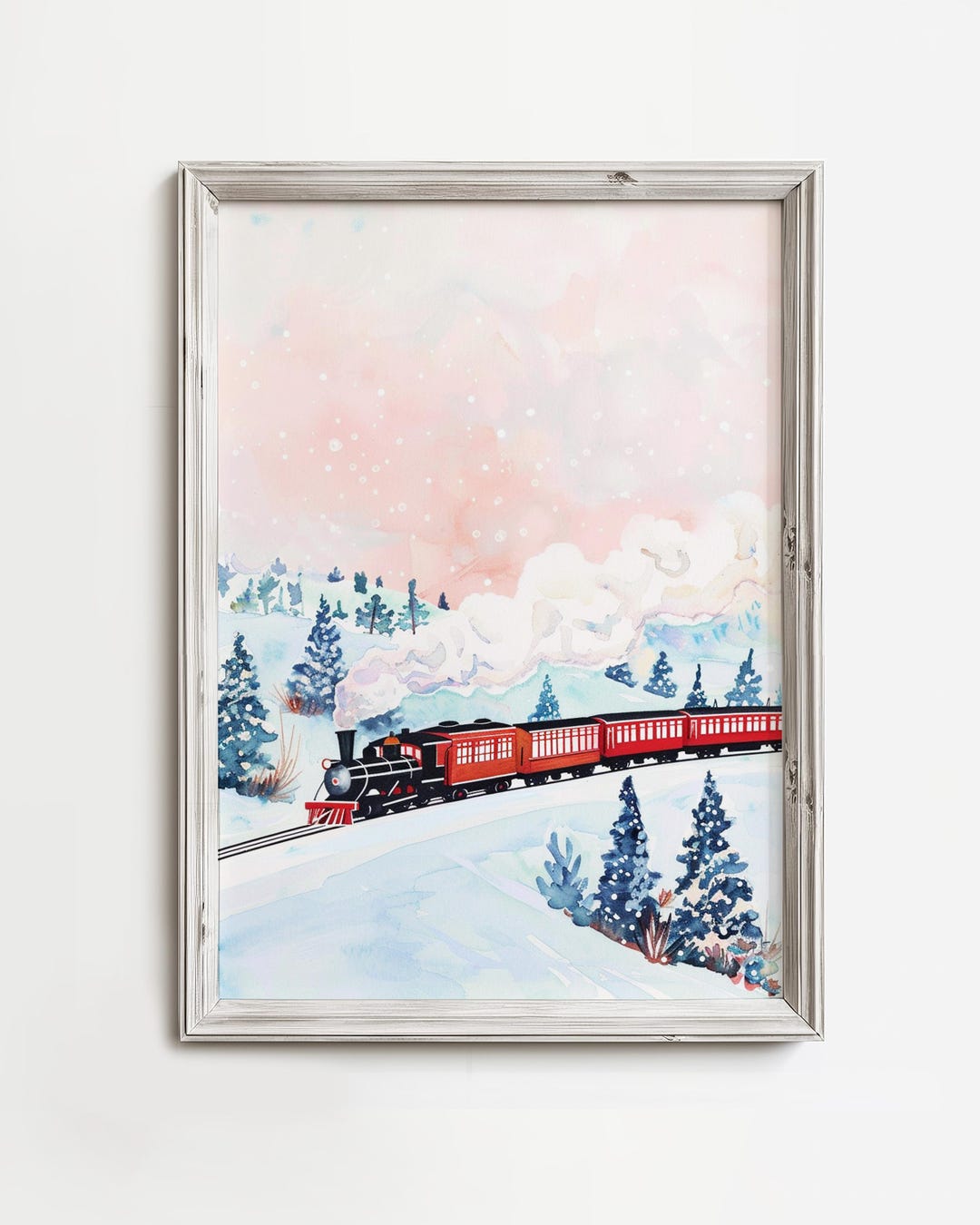 Vintage Mountain Side Train - Pastel Pink Winter Art - Polar