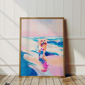 Border Terrier Beach Stroll - Happy Dog Painting - Colorful Pastel Pink - Girly Terrier Artwork - Terrier Pet Portrait Printable Download