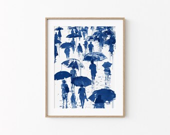 Beach Umbrella Walk | Vintage Coastal Sketch | Navy Blue Transparent Art | Beach Cottage Condo Wall Decor | Trendy Art | Download & Print