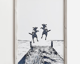 Dois cães felizes pulam do cais | Cães fofos da costa | Arte de parede para casa de verão | Arte de esboço de cão do lago | Decoração de casa de praia | Download para impressão de cães