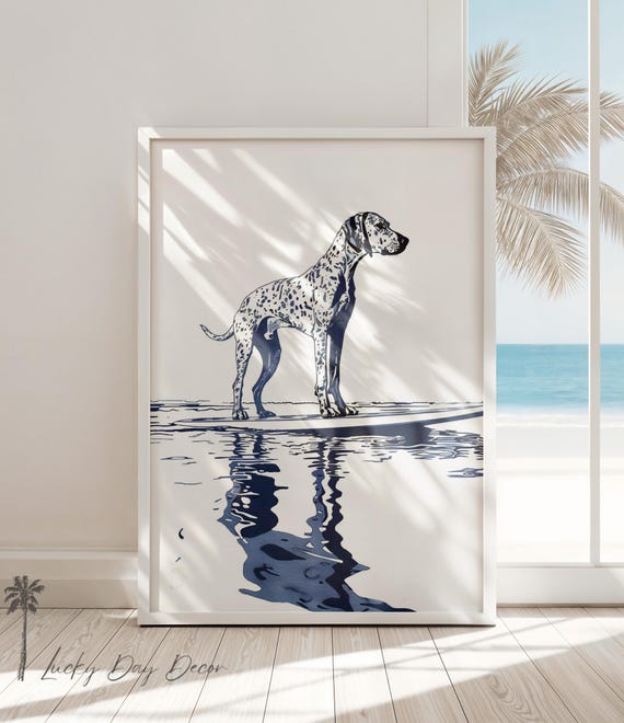 Spotted Hound on Surfboard Surfing Ocean Dogs Vintage Coastal