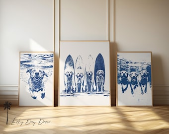 Retriever Dogs Enjoying Beach | Collection of 3 | Coastal Surfing Swimming Pups | Cute Golden Lab Surfing Art | Blue Sketch Art | Printable