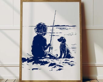 Boykin Spaniel Watches Boy Fish | Coastal Dog Sketch Art | Summer Nursery Print | Beach Wall Decor | Cottage Home Art | Download & Printable