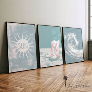 Surfer Girl Collection | Coastal Cowgirl Set of 3 | Boots Sun Wave | Surfer Wall Art | Beach House Cottage Printable & Digital Download