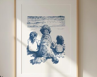 Happy Beach Doodle Laying With Girls - Vintage Coastal Home Print - Nursery Room Wall Art Adorable Fun Dog Lovers Simple Navy Blue Sketch