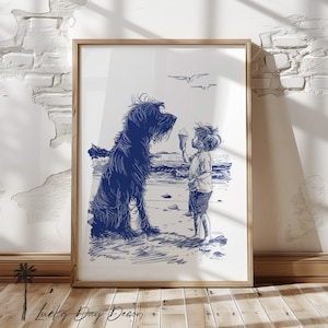 Happy Beach Dog | Irish Wolfhound |Sharing Boys Ice Cream |Vintage Coastal Dog Print | Nursery Room Wall Art | Adorable Home Decor Printable