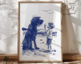 Happy Beach Dog | Irish Wolfhound |Sharing Boys Ice Cream |Vintage Coastal Dog Print | Nursery Room Wall Art | Adorable Home Decor Printable