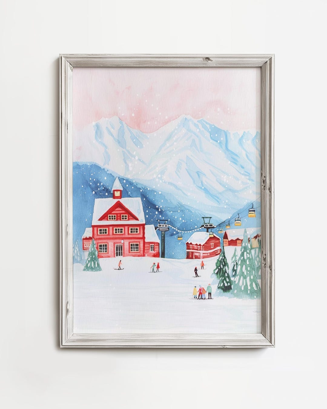 Snowy Vintage Ski Lodge - Vintage Pastel Pink Winter Art - Watercolor ...