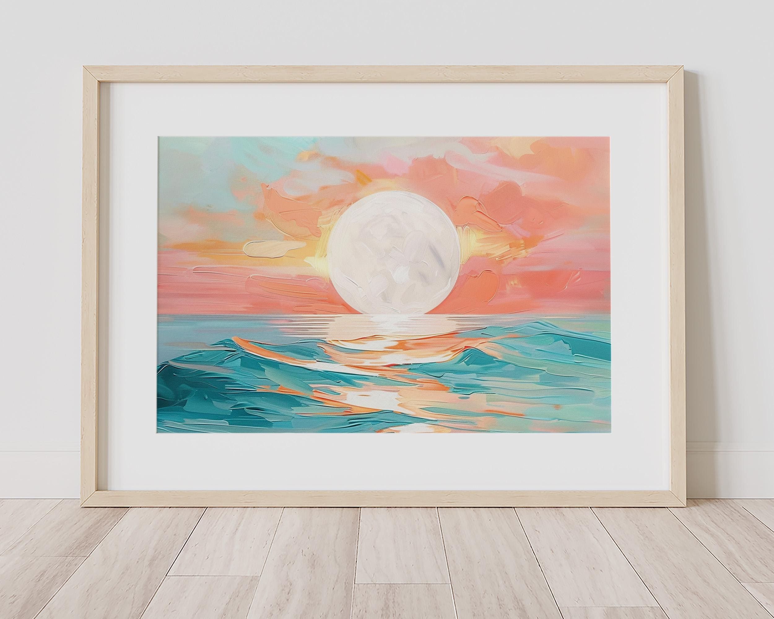 満月の反射 | カラフルな海の絵 | パステル水彩画 | 白い月の海の景色