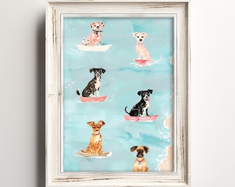 犬の油絵【海岸と犬】1点物の原画/作者サイン入り 砂浜の足跡が待っています | かわいい海の犬好きのアート | 楽しい