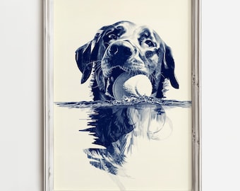 Cute Coastal Dogs | Labrador Retriever Fetches | Summer Home Wall Art | Lake Dog Sketch Art | Beach Cottage Decor | Dog Printable | Download