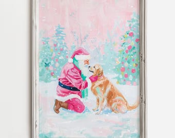 Santa Loves Golden Retrievers - Pastel Christmas Dog Art - Pink Winter Holiday Print - Merry Dogs Painting - December Printable Download