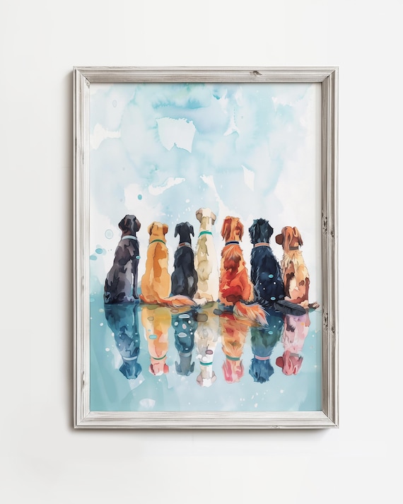気まぐれな犬のウォッチ | カラフルな海岸の犬の絵画 | 空想的で陽気な
