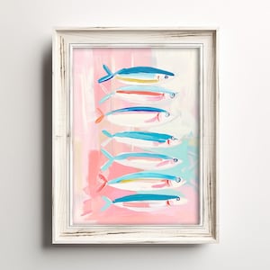 May include: A painting of a group of colourful fish swimming in a pink and blue background. The fish are painted in a stylised, abstract style.