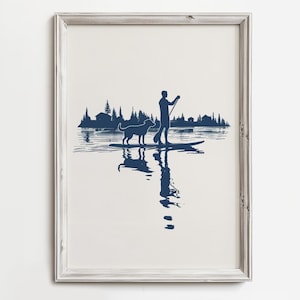 Paddle Boarding Lake Dog | Blue Sketch Art Print | Cottage Boat House Wall Decor | Summer Lake Artwork | Dog Printable | Digital Download