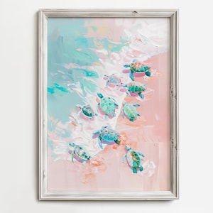 May include: A framed painting depicting a group of sea turtles swimming in turquoise and pink water. The turtles are green and have brown shells. The painting is in a contemporary style.