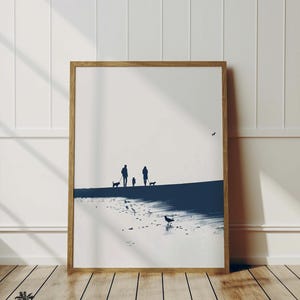 Coastal Dog Walk Sketch | Simplistic Coastal Artwork | Minimalist Blue & White Print | Sand Waves Ocean | Beach Printable | Digital Download