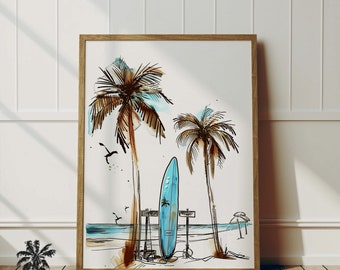 Vintage Surfer Art | Huntington Beach California Sketch | Coastal Living Room Art | Rustic Colors | Fun Beach Imagery | Ocean Printable