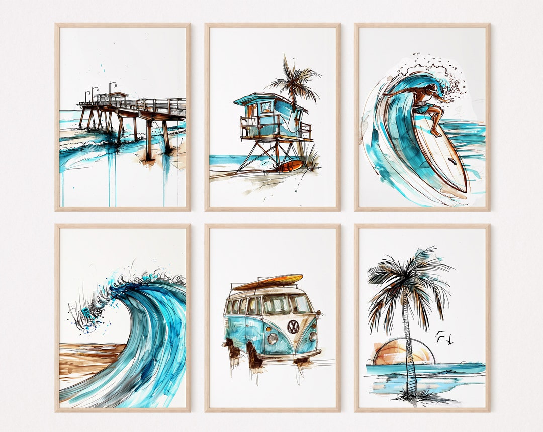 California Wall Art. Surfers on the Waves, Yellow Van, Lifeguard main image 0