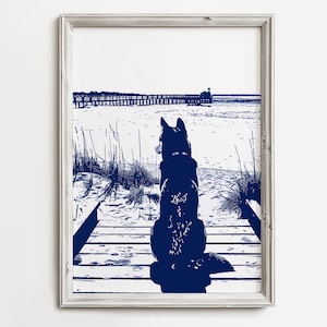 Husky Dog On Lookout | Peaceful Dog Art | Summertime Beach Cottage Decor | Cute Husky Dogs | Blue Sketch | Dog Printable | Digital Download