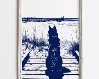 Husky Dog On Lookout | Peaceful Dog Art | Summertime Beach Cottage Decor | Cute Husky Dogs | Blue Sketch | Dog Printable | Digital Download