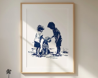Doodle Petted By Kids | Happy Dog Life | Cute Adorable Coastal Art | Nursery Room Wall Art | Adorable Dog Lover Printable | Navy Blue Sketch