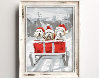 May include: A framed print depicts three dogs in a red wagon, each wearing a Santa hat. The dogs have white and tan fur. The wagon is red and white, set against a snowy, gray landscape. The frame is white.