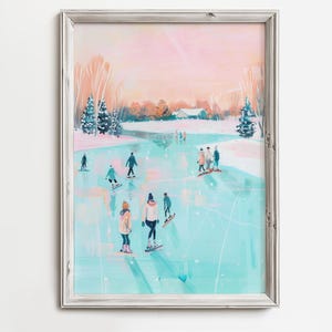 Ice Skating On Pond - Pastel Pink Winter Holiday Wall Art - Christmas Snow Ice Skating Painting - Girly Pink December Print Download