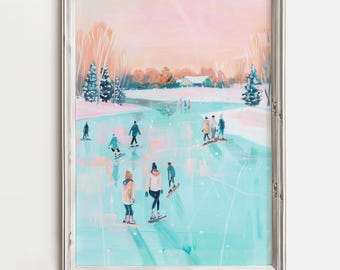 May include: A painting of a winter scene with people ice skating on a frozen lake. The sky is a soft pink and blue, and the trees are bare. The people are wearing winter clothes and are skating in a group.