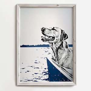 Gelber Labrador Retriver Auf Stegboot | Glücklicher Seehund | Sommer Haus Kunst | See Hund Skizze Kunst | Landhaus Dekor | Hund druckbare Download