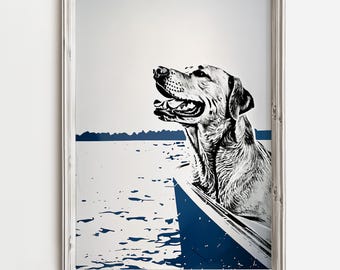 Yellow Labrador Retriver On Pontoon Boat | Happy Lake Dog | Summer Home Art | Lake Dog Sketch Art | Cottage Decor | Dog Printable Download