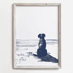 Peaceful Dog On Shore | Dog Sketch Art Print | Summer Lake Artwork | Cottage Condo Boat Lake House | Animal Printable | Digital Download