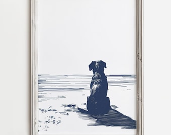 Cão Pacífico na Costa | Arte de Desenho de Cachorro | Arte de Lago de Verão | Casa de Lago de Barco de Condomínio de Chalé | Animal para Imprimir | Download Digital