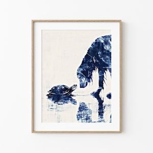 Golden Retriever & Sea Turtle Art | Sea Dog Sketch Art | Cute Coastal Cottage Wall Decor | Blue White Dog Printable | Digital Download