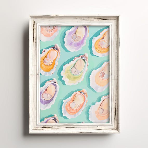 カラフルな牡蠣殻の絵画 | きれいなパステル印象派 | ビーチ沿岸の壁