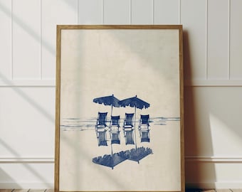 Beach Chairs & Umbrellas | Coastal Summer Artwork | Simple Beach Life Sketch | Vacation Home Beach House Decor Printable | Digital Download