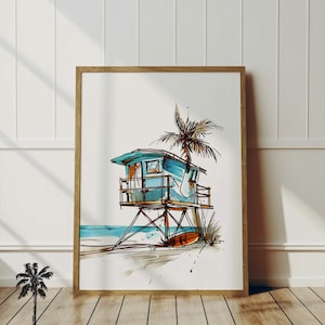 California Life Guard House On Beach | Vintage Surfer Art | Coastal Living Room Art | Rustic Surfing Ocean Printable & Download