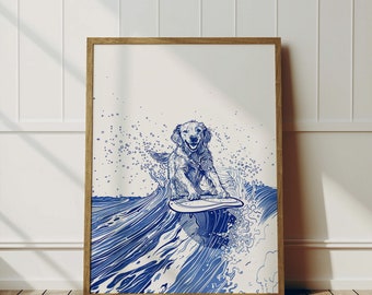 Surfing Retriever Dog | Fun Dog Sketch Art | Navy Blue | Vintage Coastal Decor | Surf Wall Art for Dog Lover | Golden Retrievers | Printable