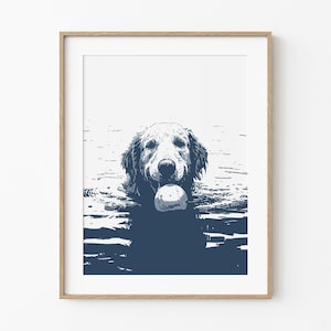 Lake Golden Retrieves Ball | Happy Water Dog Art | Summer Lake Cottage Decor | Cute Golden Retrievers | Blue Sketch | Dog Printable Download