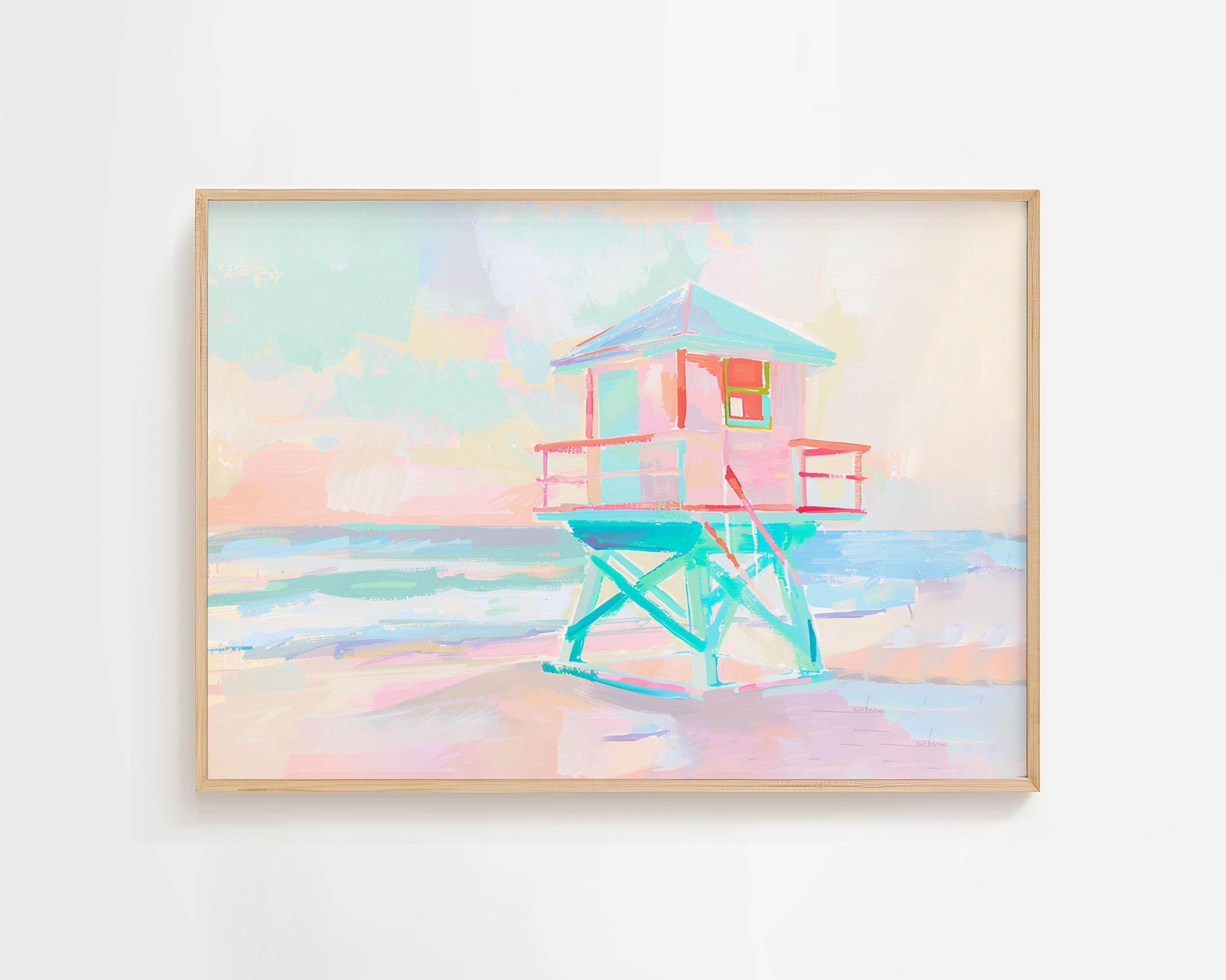Colorful Beach Lifeguard House - Pastel Summer Acrylic Painting - Coastal House Decor - Girly Pink Surfer Printable - Digital Download