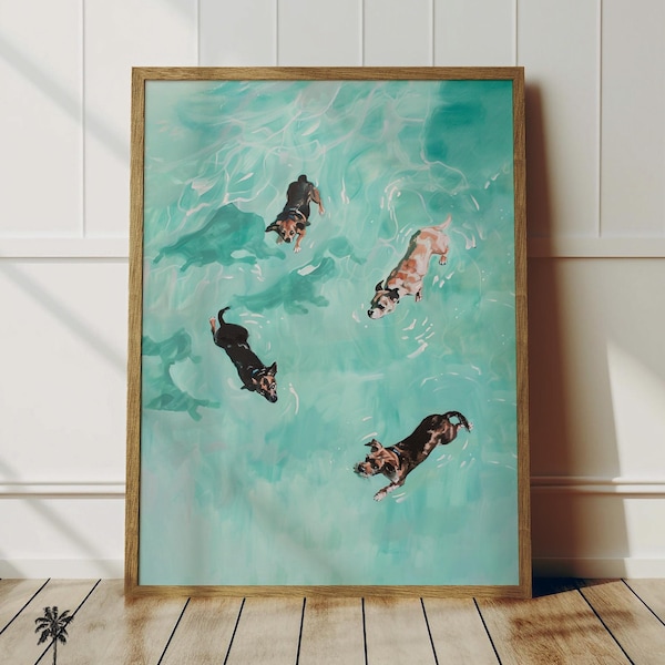 Summer Dogs Swimming | Pastel Dogs Watercolor Painting | Fun Animal Wall Decor | Pool Ocean Lake Home Art | Dog Printable | Digital Download