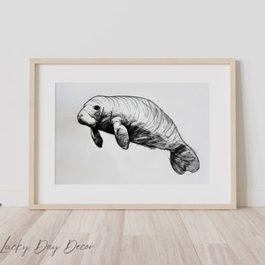 Rette die Seekuh | Black & White Seekuh Kunst | Glücklich schwimmende Seekuh | Bleistift Tier Skizze | Monochrom Ozean Printable | Digitaler Download