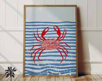 Red Sea Crab Art | Simple Sea Life Print | Nautical Wall Decor For Ocean Lovers | Red Blue | Coastal Nursery Printable | Digital Download